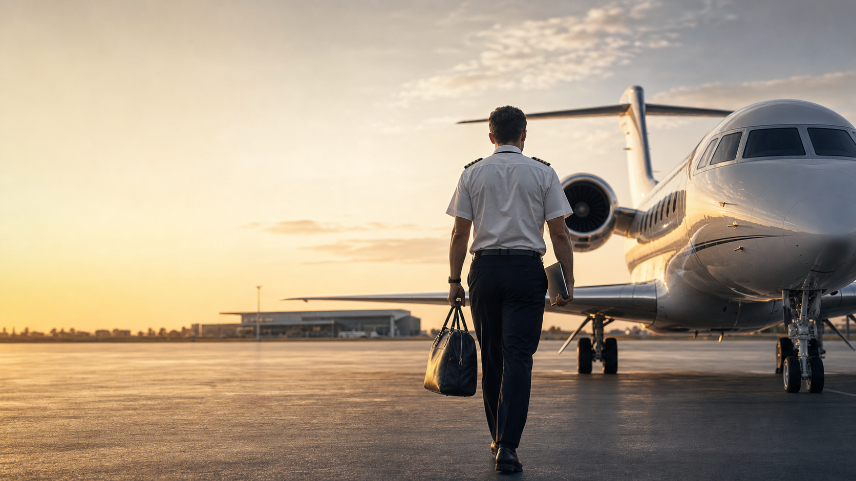Professional business aviation pilot walking toward a midsize corporate jet at golden hour